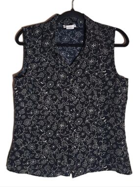 Kathy Ireland Sleeveless Button Up Top Womens M Floral Print Collared Blouse